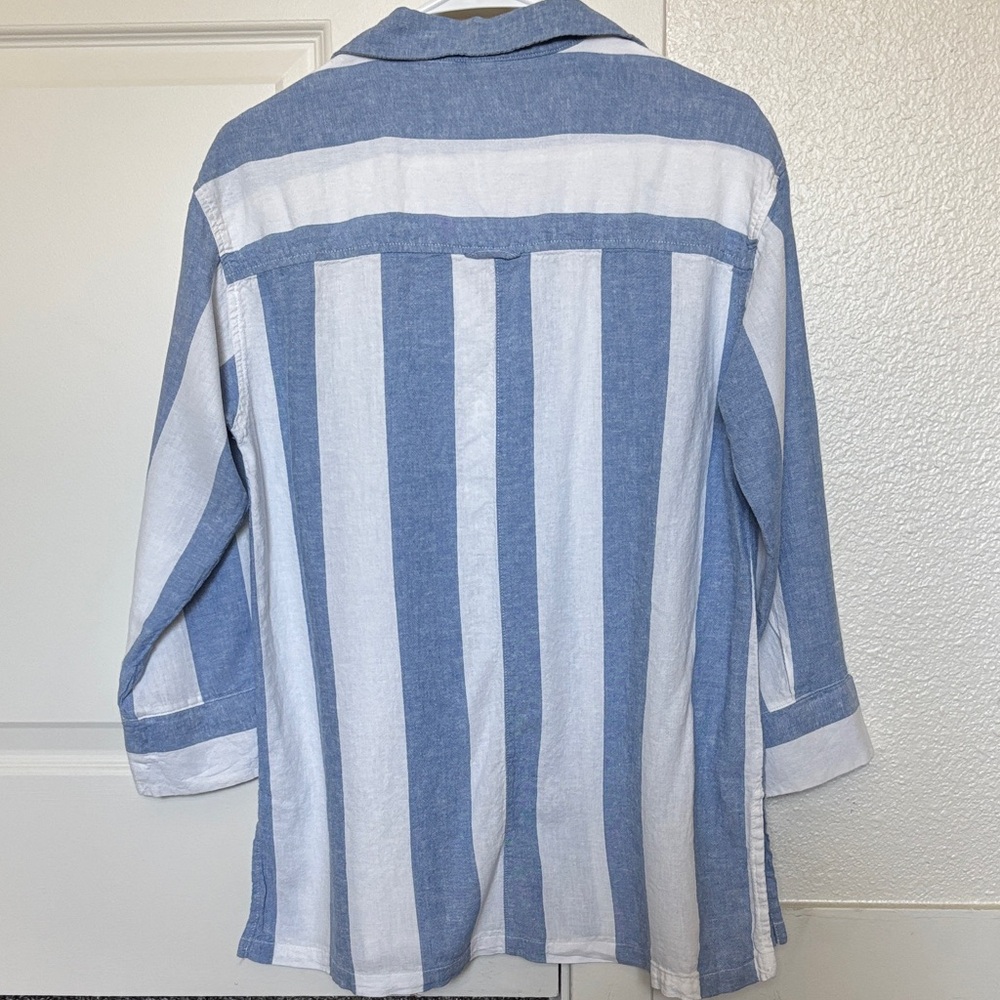 Women’s Blue White Coastal Stripe Casual Button-Down Linen Blend Size M - Picture 3 of 9
